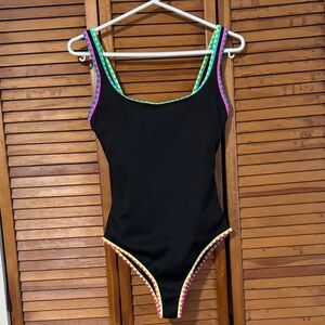 Women’s Black One-Piece Swimsuit with Neon Trim